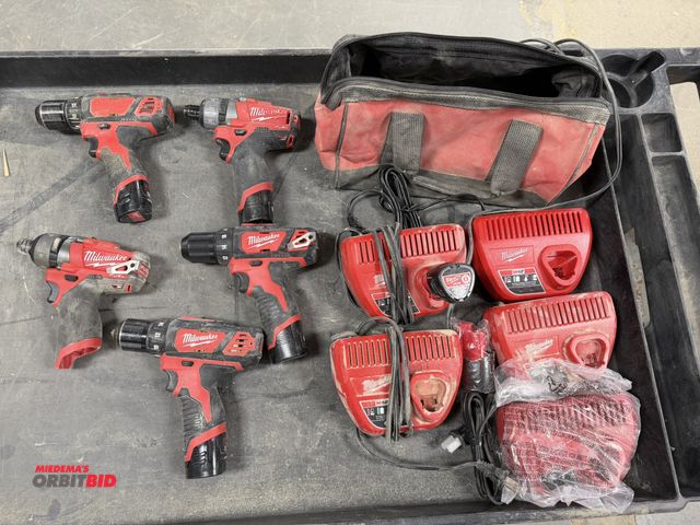 Lot 1-16155 - Lot of Milwaukee 12V, rechargeable, cordless drills and drivers, includes (3) Cat #2407-20, 3/8" dri...