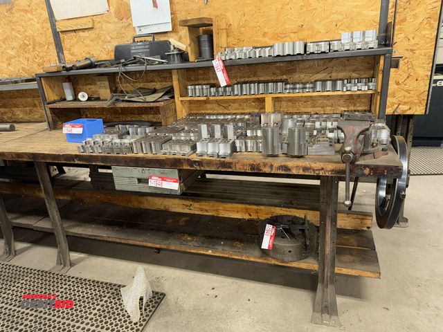 Lot 1-1950 - (1) 84" width x 33" height x 30" depth steel framed work bench with a 2" thick wood top and single d...