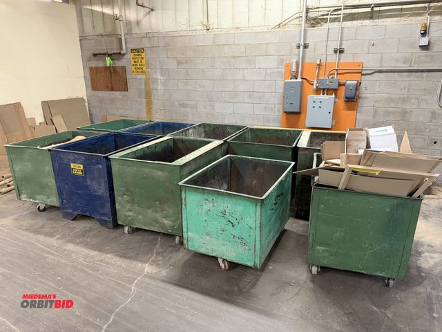 Lot 1-16745 - Lot including (9) 34" x 36" x 46", and (1) 32" x 32" x 44" steel scrap hoppers on wheels.