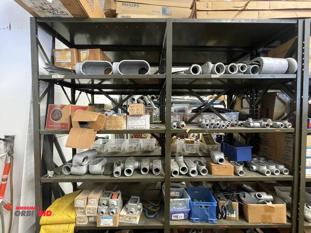 Lot 1-6189 - Contents of 2 shelves of electrical items, includes Appleton 3" conduit bodies, assorted LB's, T's, ...