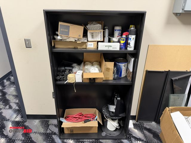 Lot 1-11269 - (1) adjustable metal shelving unit, 36" x 14" x 63", includes contents of WD40, spray paints, variou...