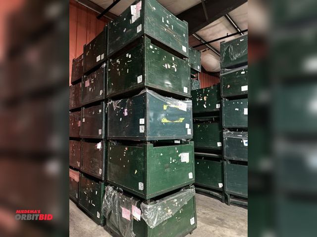 Lot 1-14434 - (5) 44" x 26" x 44" stackable steel flat bottom bins (one is dented on one side)