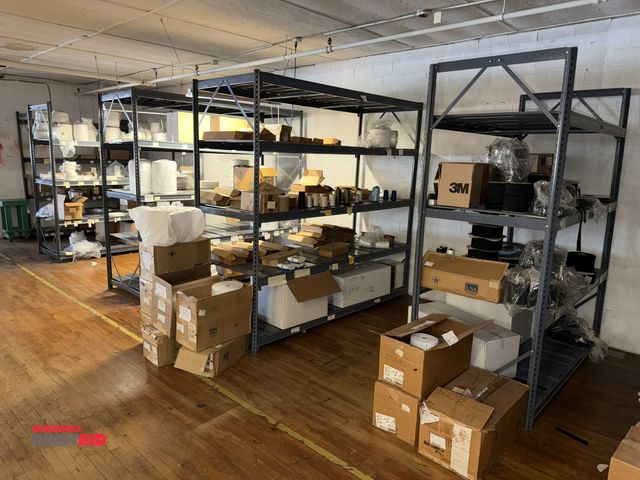 Lot 1-4764 - Lot of (5) shelves, includes assorted medical grade clips, fabric strapping, padding rolls, Velcro, ...