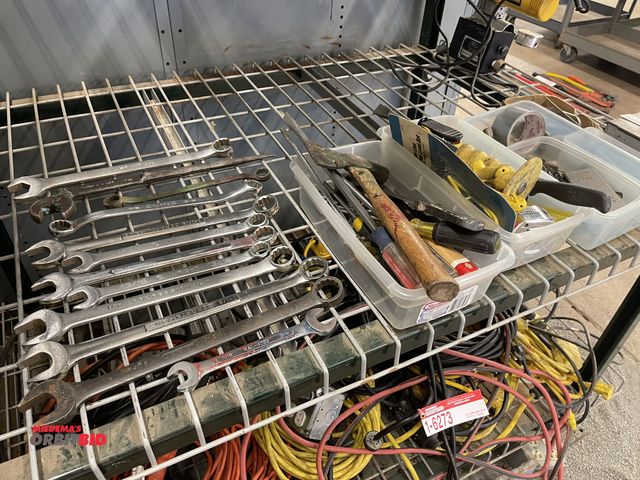 Lot 1-6274 - Lot of assorted hand tools, includes screwdriver, hammers, axe, putty knives, drill bits, and more.