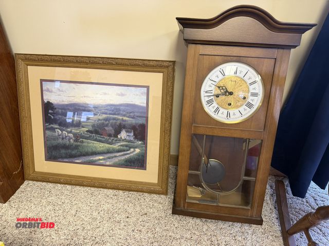 Lot 1-19209 - (1) wall mount grandfather pendulum clock 28“ x 15.5“ includes key also includes wooden framed pitch...
