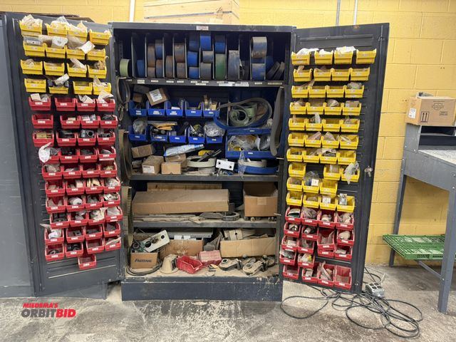 Lot 1-16884 - (1) Hodge 2-door storage cabinet, 48" x 24" x 78" tall, with contents of belts, air cylinders, screw...