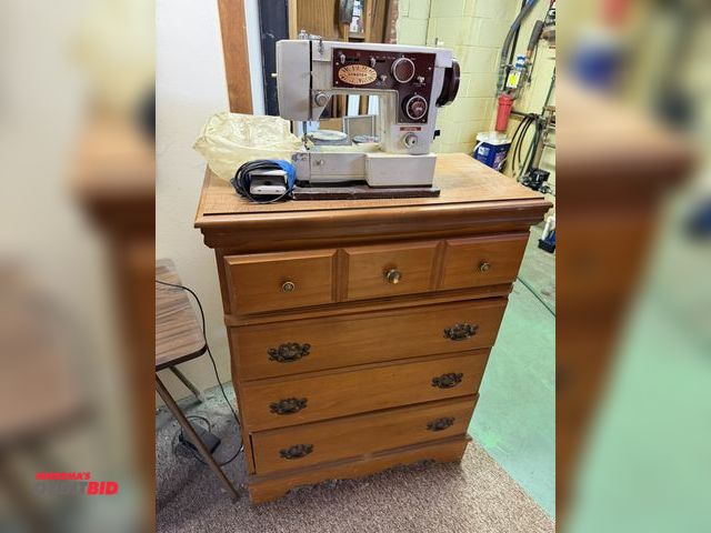 Lot 1-12204 - (1) wood dresser, 32" x 17" x 41", includes JCPenney stretch sewing machine, may be for parts or rep...
