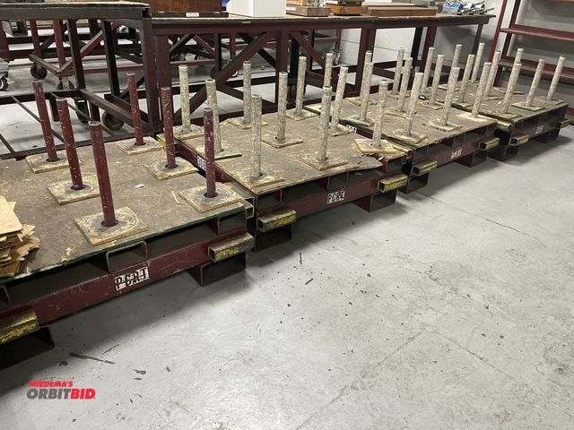 Lot 1-19385 - Lot of (4) heavy duty steel skid style racks, 36" x 36" with approx. 14" tall steel posts.