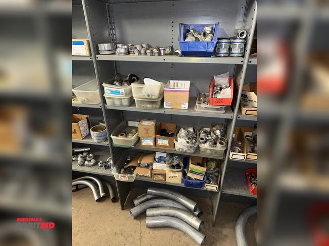 Lot 1-6386 - Contents of (5) shelves, includes 3.5" pipe, assorted insulated hubs, assorted flexible conduit conn...
