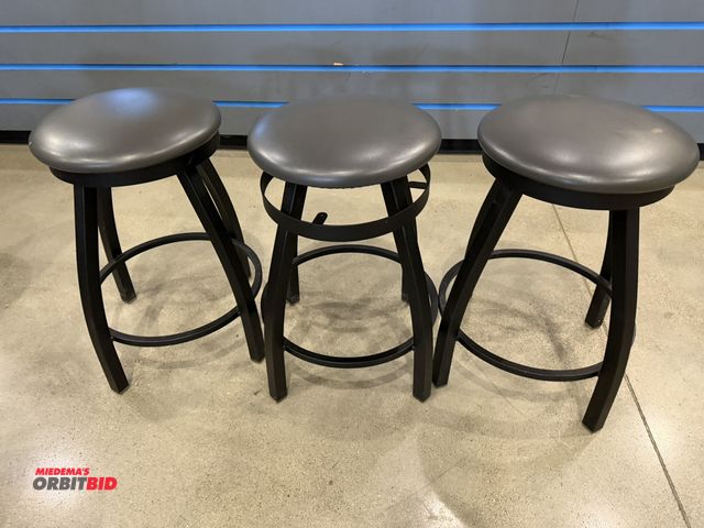 Lot 1-11159 - (3) 24" tall metal framed swivel top bar stools with vinyl padded seats