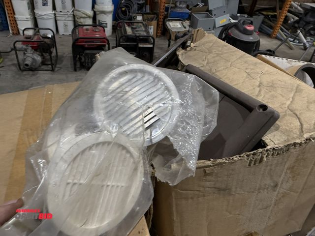 Lot 1-18611 - Lot of assorted plastic air vents, and vent housings, square and round, and (2) King Instrument Comp...