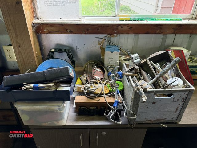 Lot 1-12323 - Large lot of assorted hand tools, includes Ideal fish tape, hammers, wrenches, screwdrivers, files, ...