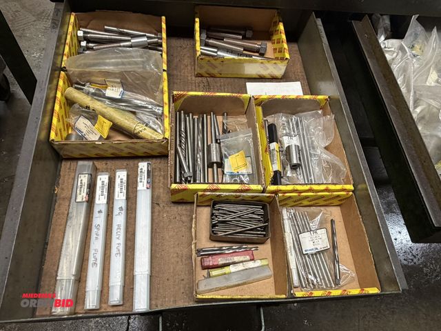 Lot 1-6346 - Contents of drawer, includes pin reamers, pins, long drills, and more.