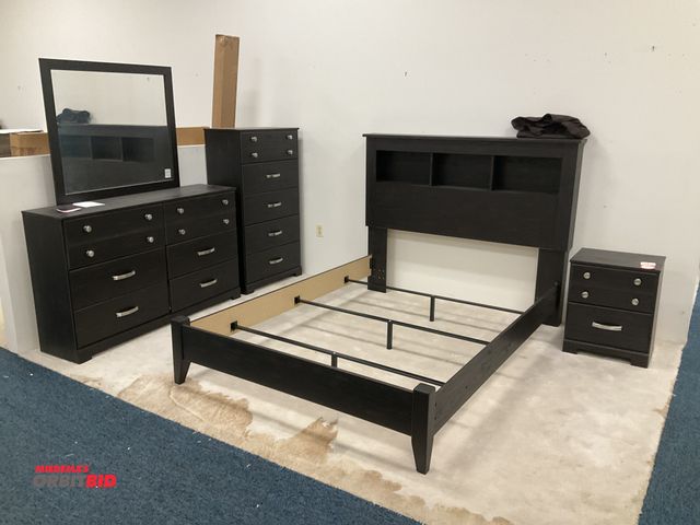 Lot 1-17261 - Bedroom set including; Queen-size bed frame with headboard, nightstand, vertical five-tier dresser, ...
