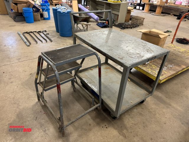 Lot 1-6308 - (1) heavy duty metal product cart, approx. 36.5" long x 24" wide x 30.5" tall, and (1) 3-step wareho...