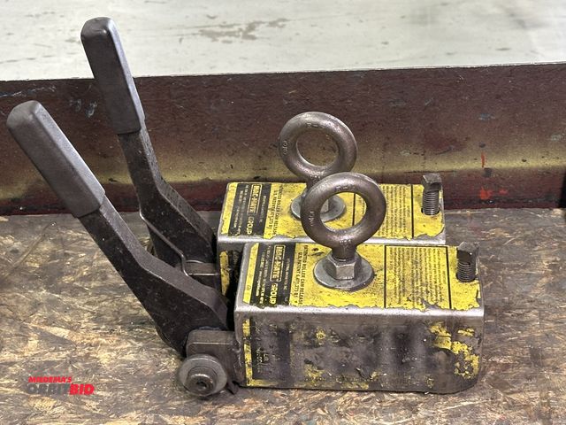 Lot 1-19198 - Lot of (2) Mag-Mate heavy duty lift magnets with roller cam release and attached eye bolts.