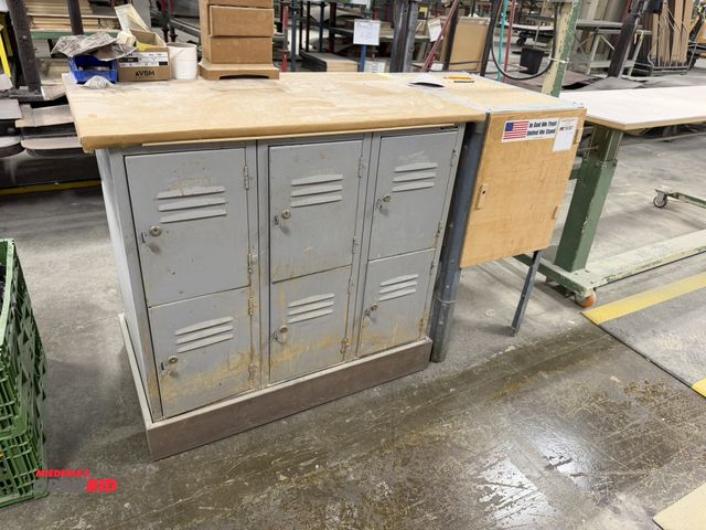 Lot 1-16427 - (1) Angle Steel Division, 6-bank locker table with wood top, approx. 40" x 25", and steel table, 24"...