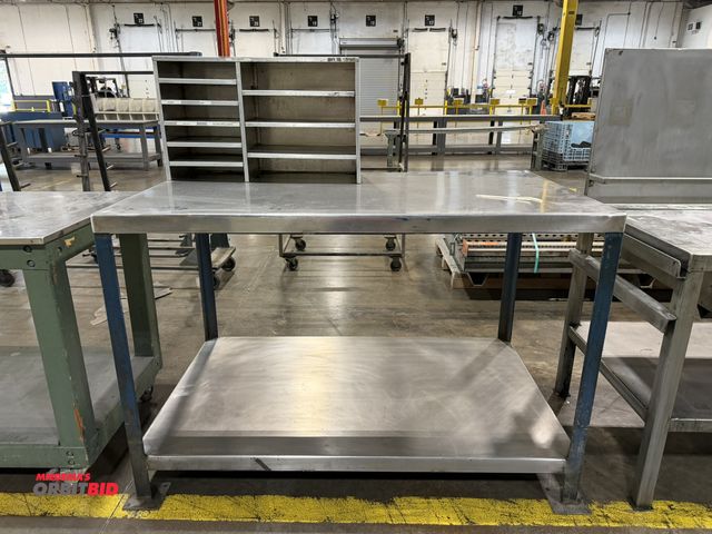 Lot 1-5135 - (1) 5' length x 41" height x 36" depth heavy duty steel work bench with stainless steel top, stainle...