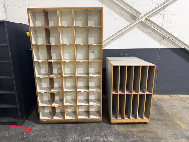 Lot 1-5531 - Lot including (2) 50" width x 87" height x 24" depth wood storage cabinets with 35 divided compartme...