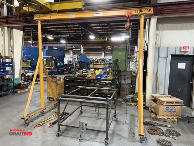 Lot 1-18765 - (1) Caldwell A-Frame gantry crane with chain fall, 1-ton capacity, includes Jet 1-ton chain fall, on...