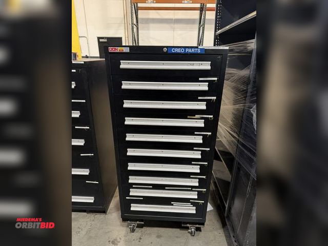 Lot 1-5502 - (1) Lyon 30" width x 57" height x 27.5" depth 10-drawer steel cabinet on 4-wheel base with fork pock...