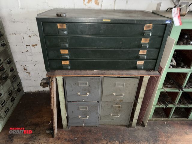 Lot 1-4709 - (1) Hobart Cabinet Company 4-drawer blueprint style cabinet filled with assorted tooling, dies, taps...