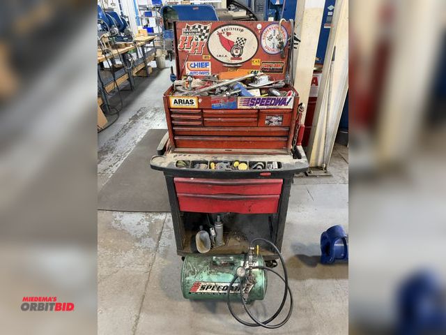 Lot 1-18902 - (1) Rubbermaid rolling tool cabinet with tool box, includes assorted hand tools, Allen wrenches, air...