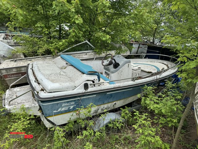 Lot 1-6580 - (1) Boston Whaler jet boat with Rage 14 trailer, VIN #BWCD1160A494, no motor, for parts or repair, e...