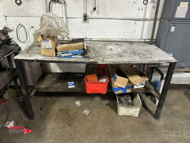 Lot 1-14424 - (1) 72" width x 36" height x 30-1/2" depth steel framed work bench and assorted chain, also includes...