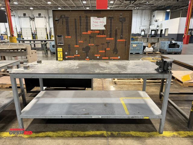 Lot 1-5132 - (1) 7' length x 37" height x 36" depth heavy duty steel work bench with lower steel shelf, 5" attach...