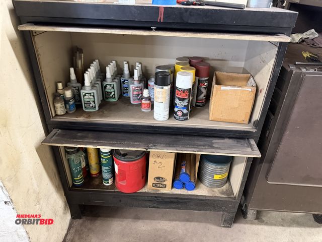 Lot 1-6461 - (2) 35" width x 18" height x 13" depth stackable steel cabinets with top opening door and contents, ...