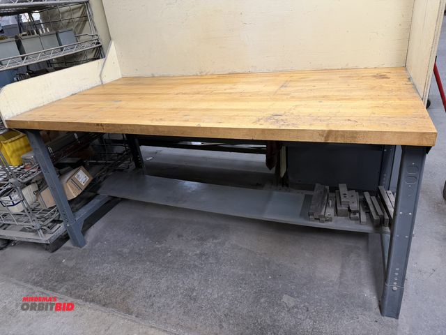 Lot 1-1046 - (1) 72" width x 34-3/4" height x 36" depth steel frame work bench with 1-3/4" thick butcher block st...