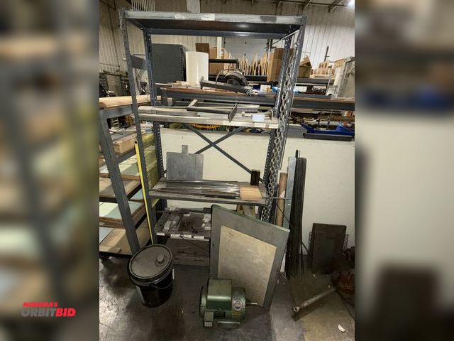 Lot 1-18947 - Shelf with contents, includes assorted scrap metals, chain, junction box, threaded rod, and other as...