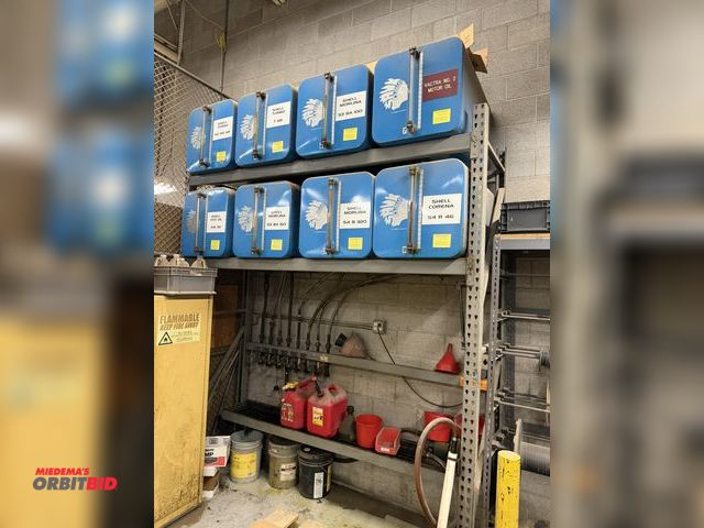 Lot 1-17086 - (1) Underwriters Laboratory lubricant storage tank rack, includes (8) 60 gallon steel tanks with hea...