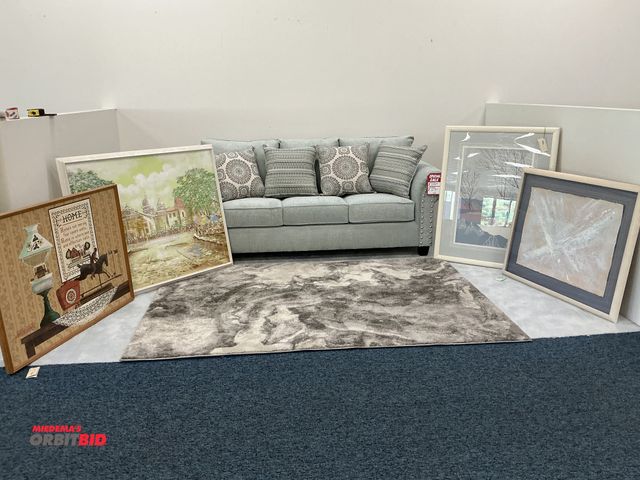 Lot 1-17360 - Furniture set including Simmons upholstery couch, 88” x 38” (4) pillows, Rug measures 89” x 60” and ...