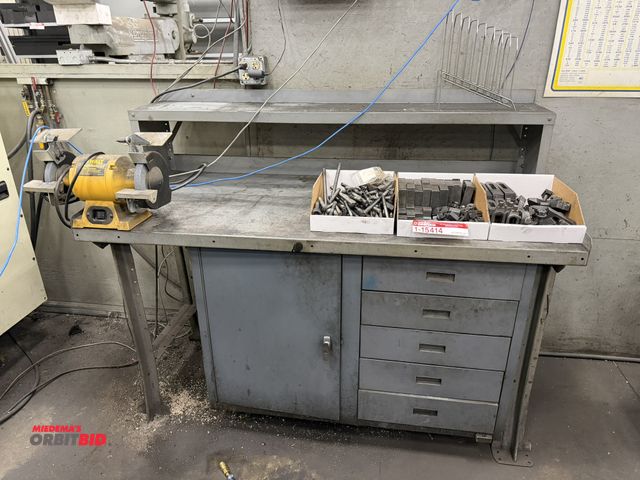 Lot 1-15415 - (1) DeWalt, DW756, 6" bench grinder, includes 60" shop table with pull out drawers and steel top, in...