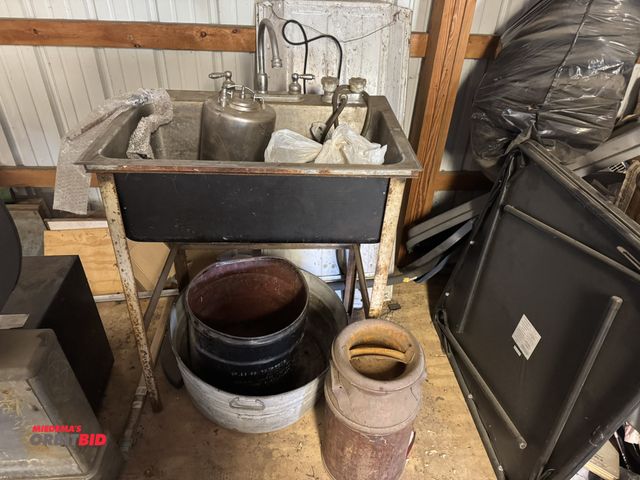 Lot 1-14252 - (1) stainless steel, free standing sink, 31" x 22", includes galvanized bucket, milk can, and assort...