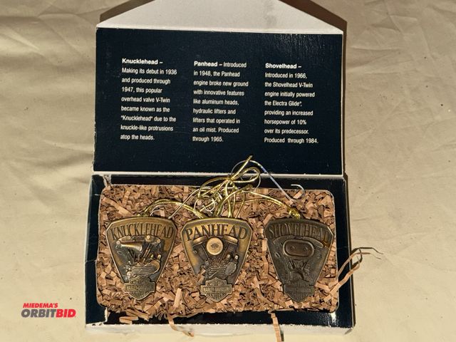Lot 1-8262 - One set of (3) Harley Davidson "Hang Some Heavy Metal" pewter ornaments, 1 with Knucklehead, 1 with ...
