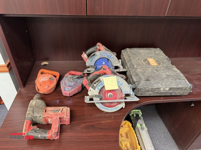 Lot 1-18670 - Lot of (1) Milwaukee 1" hammer drill, 18V, (2) 7 1/4" Milwaukee 18V circular saws, (2) chalk lines, ...