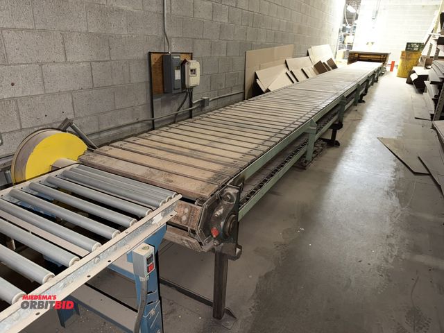 Lot 1-17328 - (1) power wood slat, chain style conveyor, approx. 36' long x 30" wide, includes SEW electric motor ...