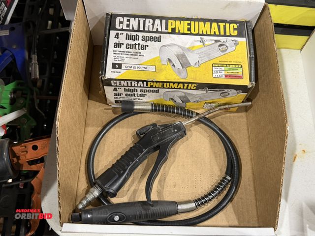 Lot 1-18556 - (1) new Central Pneumatic 4" high speed air cutter, (1) air gun, and (1) pneumatic grinding tool wit...