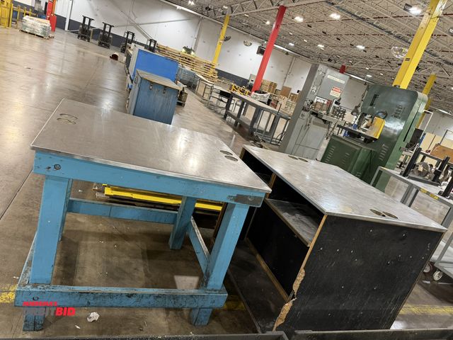 Lot 1-5428 - Lot of (2) 42" width x 38" height x 38.5" depth heavy duty wood framed tables with stainless steel t...