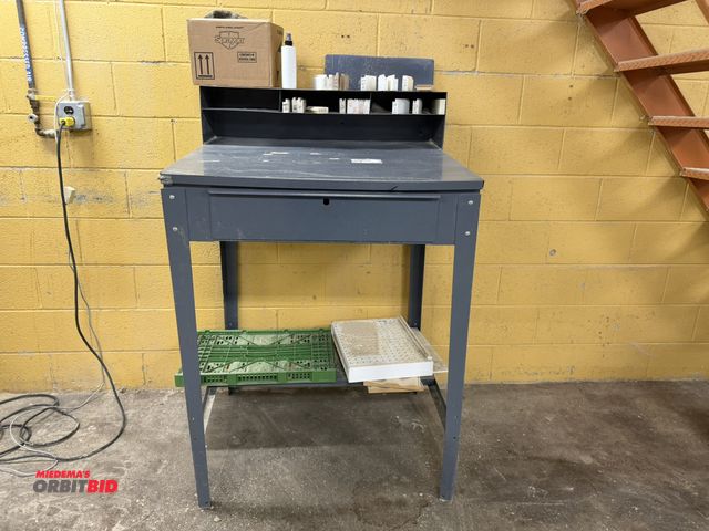 Lot 1-16885 - (1) 34.5" steel foreman's desk, and Kennedy tool box with (2) calipers (for parts or repair).