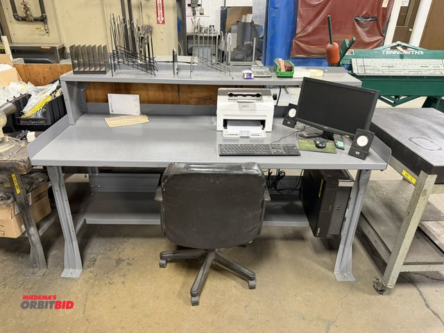 Lot 1-15316 - (1) 72" x 30" wide steel shop table with upper shelf, includes office chair.