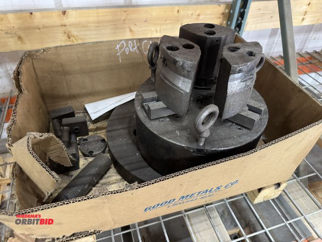 Lot 1-19494 - Contents of shelf, includes assorted chucks, 3-jaw adjustable chuck, holders, sprockets, and more.