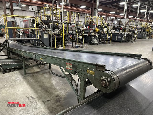 Lot 1-14350 - (1) Hytrol approx. 53' length x 34" width, belt over roller conveyor with adjustable height legs, mo...