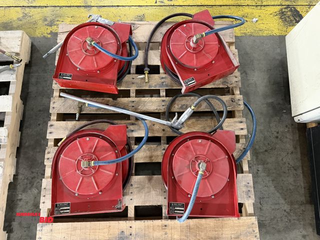 Lot 1-5277 - Lot of (4) Reelcraft, model 6Z160, retractable air hose reels, with (1) 22" air nozzle, and (1) 12" ...