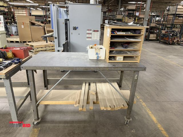 Lot 1-16709 - Lot of (1) steel work shop table, 1 on casters, 60" x 30", and (1) steel frame, butcher block top sh...