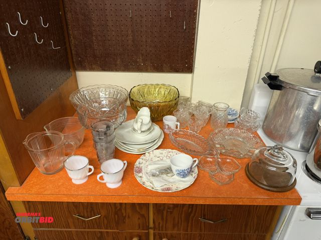 Lot 1-12199 - Large lot of assorted kitchen glassware, includes plates, dishes, cups, Rose Chintz plates, and more...