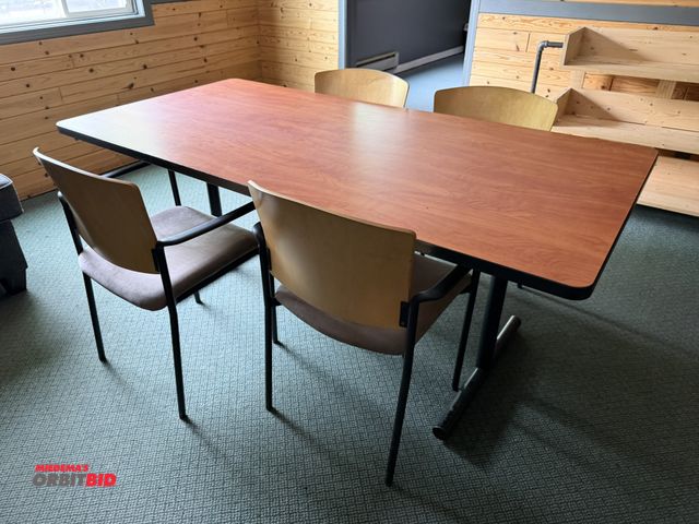 Lot 1-13194 - (1) 6' x 36" table with (4) matching padded seat and wood back chairs.